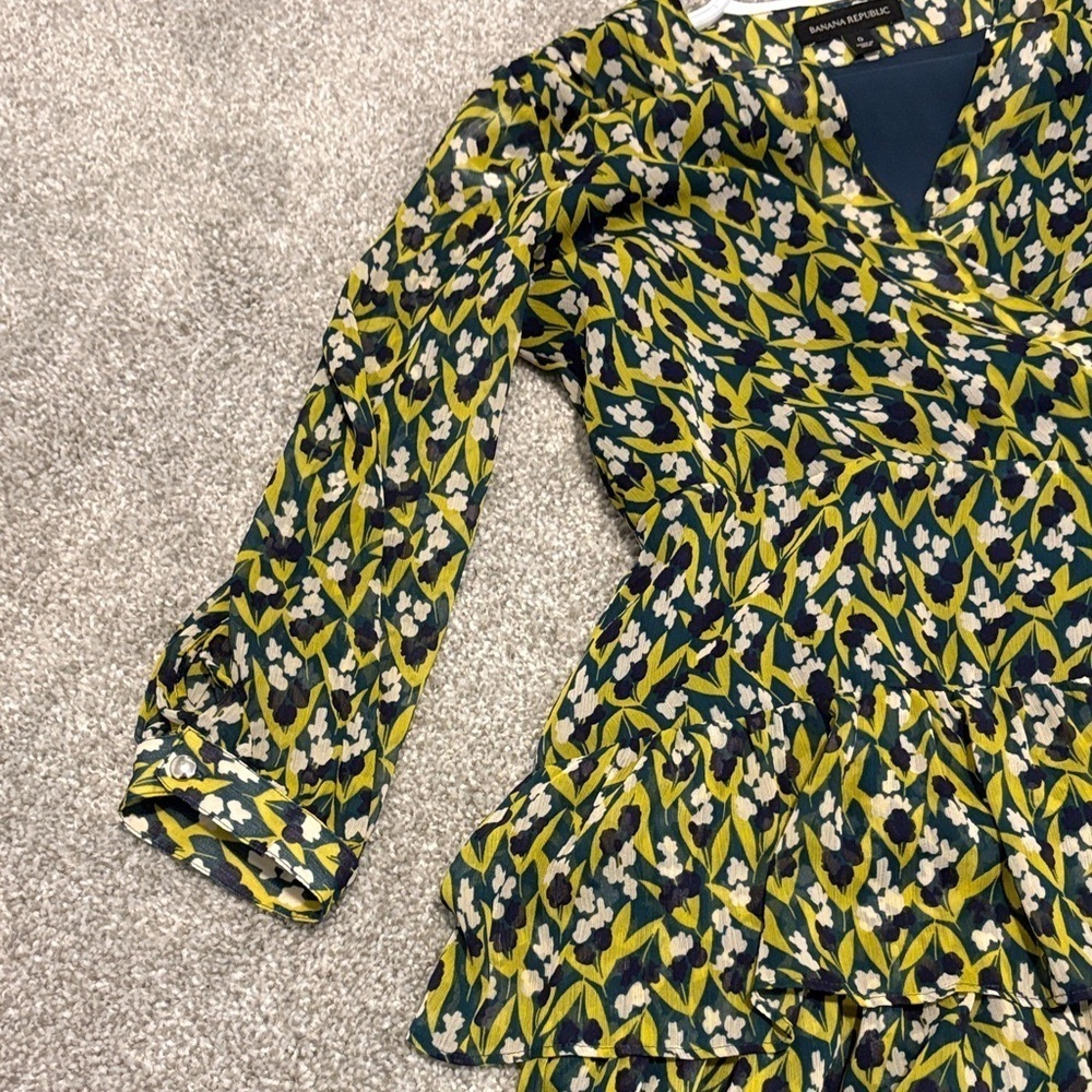 Banana Republic chiffon green and navy blue semi lined Long Sleeve Dress size 0 - Picture 7 of 8